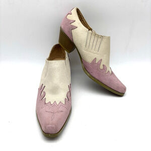 Oak Tree Western Wear Pink & Ivory Suede Leather Slip On Point Toe Ankle Boots 7